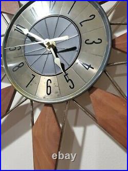 Vintage Elgin Teak 25 Mid Century Modern Atomic Sunburst Starburst Wall Clock