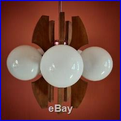 Vintage Hungarian atomic 5 globe wood metal opaline glass pendant ceiling light