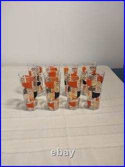 Vintage MCM Atomic High Ball Glasses Orange Black and Gold (8) Mid-Century