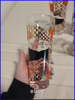 Vintage MCM Atomic High Ball Glasses Orange Black and Gold (8) Mid-Century