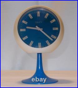 Vintage MCM Atomic Space Age Wind-Up Alarm Clock Blue White Hong Kong NICE