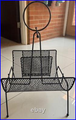 Vintage MCM Metal Black Wire Atomic Magazine Rack Stand Mid Century Modern 1950s