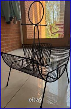 Vintage MCM Metal Black Wire Atomic Magazine Rack Stand Mid Century Modern 1950s