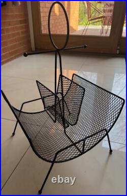 Vintage MCM Metal Black Wire Atomic Magazine Rack Stand Mid Century Modern 1950s