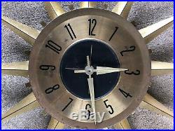 Vintage MID CENTURY Starburst Atomic Wall Clock Danish Wood with Metal