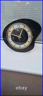Vintage Mechanical Wall Clock Black Formica Retro Mid Century, Plus Key