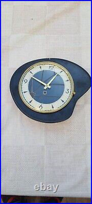 Vintage Mechanical Wall Clock Black Formica Retro Mid Century, Plus Key