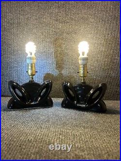 Vintage Mid Century ATOMIC, art Deco Black ceramic Lamp Pair ODD! ? LOOK