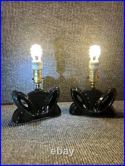 Vintage Mid Century ATOMIC, art Deco Black ceramic Lamp Pair ODD! ? LOOK
