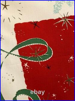 Vintage Mid Century Atomic Christmas Tablecloth Turquoise Aqua Red Santa Claus