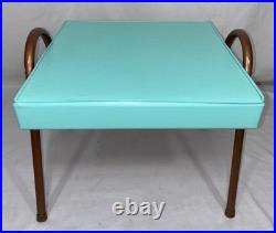 Vintage Mid Century Mod Atomic Turquoise Vinyl Footstool Ottoman Stool Metal Leg