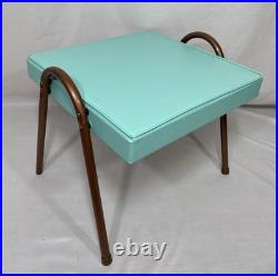 Vintage Mid Century Mod Atomic Turquoise Vinyl Footstool Ottoman Stool Metal Leg