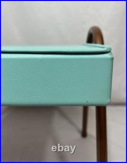 Vintage Mid Century Mod Atomic Turquoise Vinyl Footstool Ottoman Stool Metal Leg