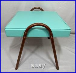 Vintage Mid Century Mod Atomic Turquoise Vinyl Footstool Ottoman Stool Metal Leg