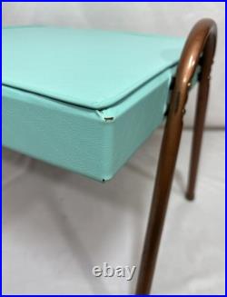 Vintage Mid Century Mod Atomic Turquoise Vinyl Footstool Ottoman Stool Metal Leg