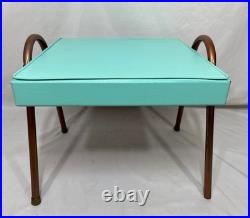 Vintage Mid Century Mod Atomic Turquoise Vinyl Footstool Ottoman Stool Metal Leg