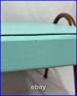 Vintage Mid Century Mod Atomic Turquoise Vinyl Footstool Ottoman Stool Metal Leg