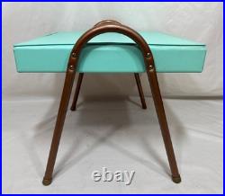 Vintage Mid Century Mod Atomic Turquoise Vinyl Footstool Ottoman Stool Metal Leg