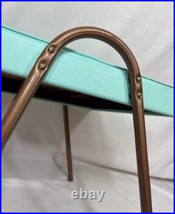 Vintage Mid Century Mod Atomic Turquoise Vinyl Footstool Ottoman Stool Metal Leg