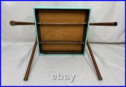 Vintage Mid Century Mod Atomic Turquoise Vinyl Footstool Ottoman Stool Metal Leg