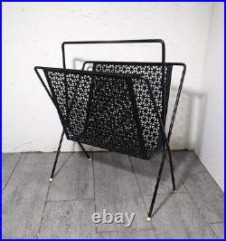 Vintage Mid Century Modern Atomic Black Metal Iron Magazine Rack Perforated
