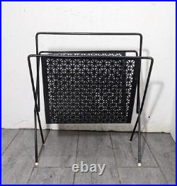 Vintage Mid Century Modern Atomic Black Metal Iron Magazine Rack Perforated
