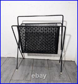 Vintage Mid Century Modern Atomic Black Metal Iron Magazine Rack Perforated