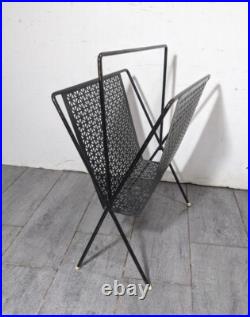 Vintage Mid Century Modern Atomic Black Metal Iron Magazine Rack Perforated
