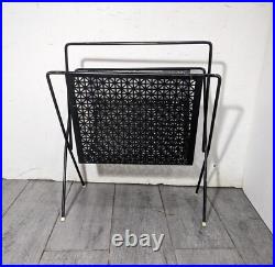 Vintage Mid Century Modern Atomic Black Metal Iron Magazine Rack Perforated
