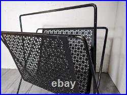 Vintage Mid Century Modern Atomic Black Metal Iron Magazine Rack Perforated