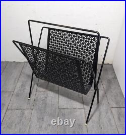 Vintage Mid Century Modern Atomic Black Metal Iron Magazine Rack Perforated
