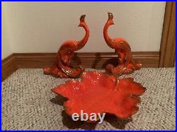 Vintage Mid Century Modern Atomic Orange Ceramic Birds & Dish