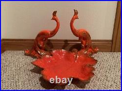 Vintage Mid Century Modern Atomic Orange Ceramic Birds & Dish