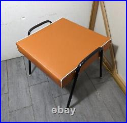 Vintage Mid Century Modern Atomic Orange Vinyl Footstool Ottoman Stool Metal Leg