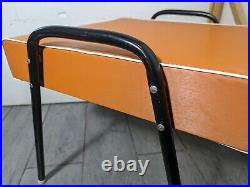Vintage Mid Century Modern Atomic Orange Vinyl Footstool Ottoman Stool Metal Leg