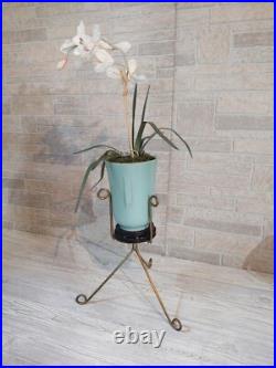 Vintage Mid-century Modern Ceramic Pottery Plant Stand Atomic Tripod Turquoise