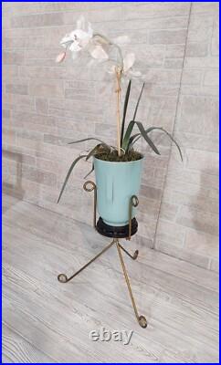 Vintage Mid-century Modern Ceramic Pottery Plant Stand Atomic Tripod Turquoise