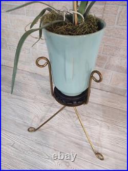 Vintage Mid-century Modern Ceramic Pottery Plant Stand Atomic Tripod Turquoise