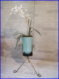 Vintage Mid-century Modern Ceramic Pottery Plant Stand Atomic Tripod Turquoise