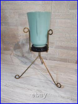 Vintage Mid-century Modern Ceramic Pottery Plant Stand Atomic Tripod Turquoise