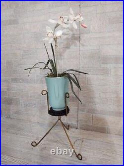 Vintage Mid-century Modern Ceramic Pottery Plant Stand Atomic Tripod Turquoise