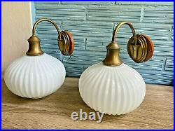 Vintage Pair of Sconce Brass Lamp Atomic Design Light Mid Century Glass Wall
