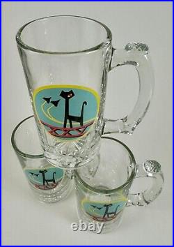 Vintage Set of 3 MCM ATOMIC Abstract Winking Cat, Jets XXV Glass Handled Mug