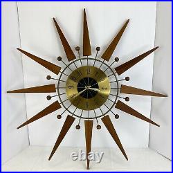 Vintage Starburst Wall Clock MID Century Modern Atomic Teak Wood Brass 25