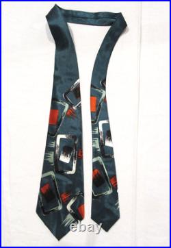 Vintage Tie Necktie 1940s 1950s Teal! Atomic Modern Art Satin Mid-century Nt48
