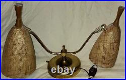 Vtg Atomic Gooseneck Lamp Fiberglass Cones Wood Brass MCM Mid Century Moder