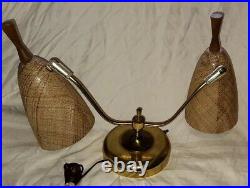 Vtg Atomic Gooseneck Lamp Fiberglass Cones Wood Brass MCM Mid Century Moder