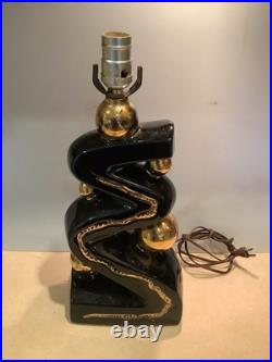 Vtg Kron MCM Black Gold Zig-Zag Ceramic Lamp Atomic Mid Century Modern Light 50s