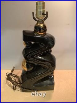Vtg Kron MCM Black Gold Zig-Zag Ceramic Lamp Atomic Mid Century Modern Light 50s