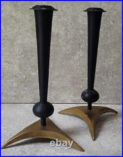 Vtg Mid Century Atomic Modern Iron Brass Candle Stick Holder Pair Von Nessen Era